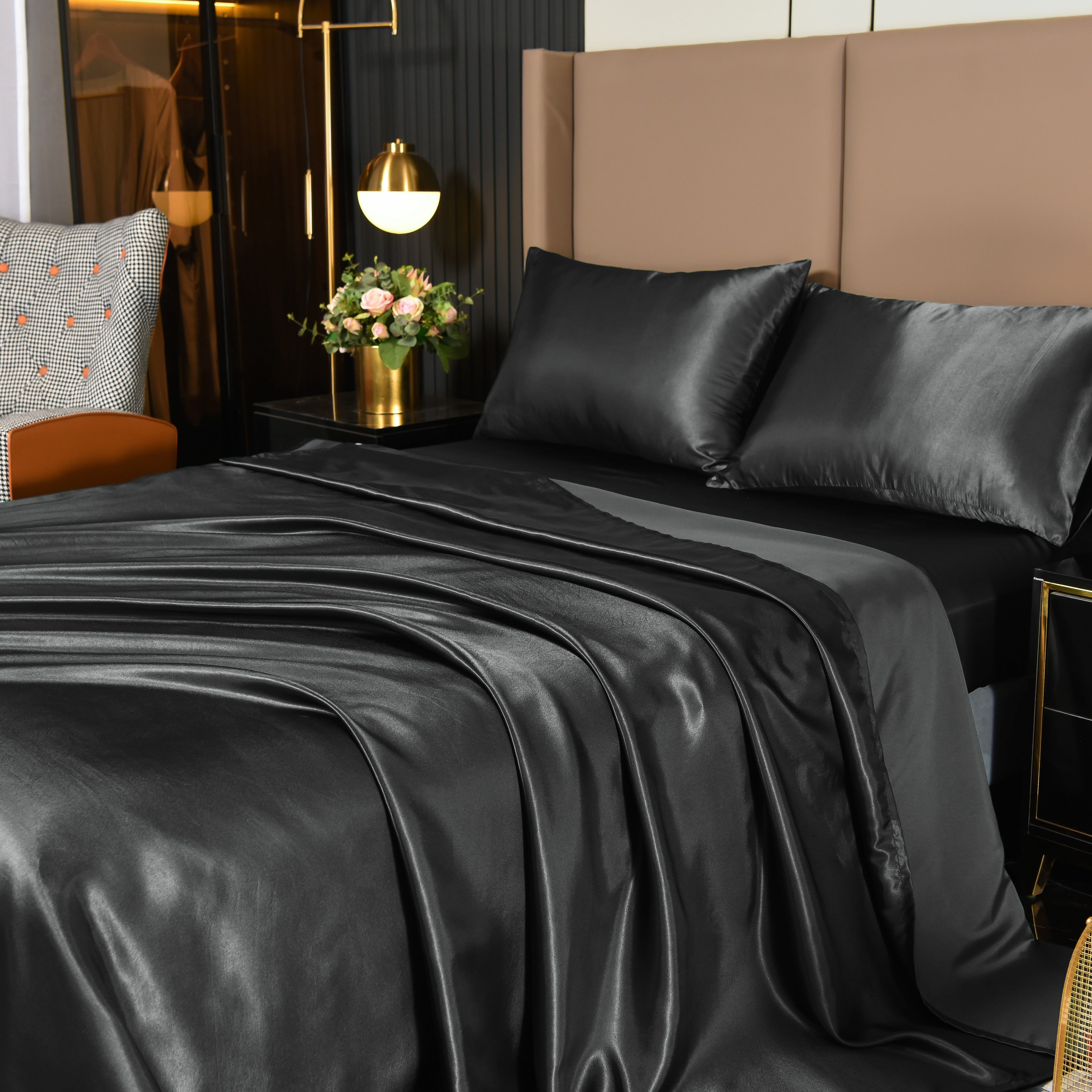 NTBED Satin Sheets Full Black Luxury Silky Bed Sheets 1800 Microfiber Sheet Set 4 Pcs - Image 4