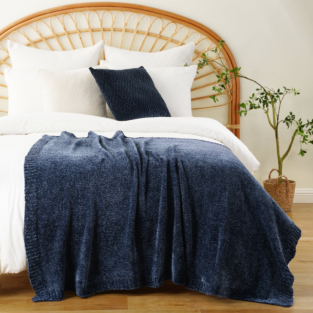 Navy Blue Chenille Throw for Couch Bed,Soft Navy Knit Blanket, Housewarming Gifts, 51"x 67" - Image 4