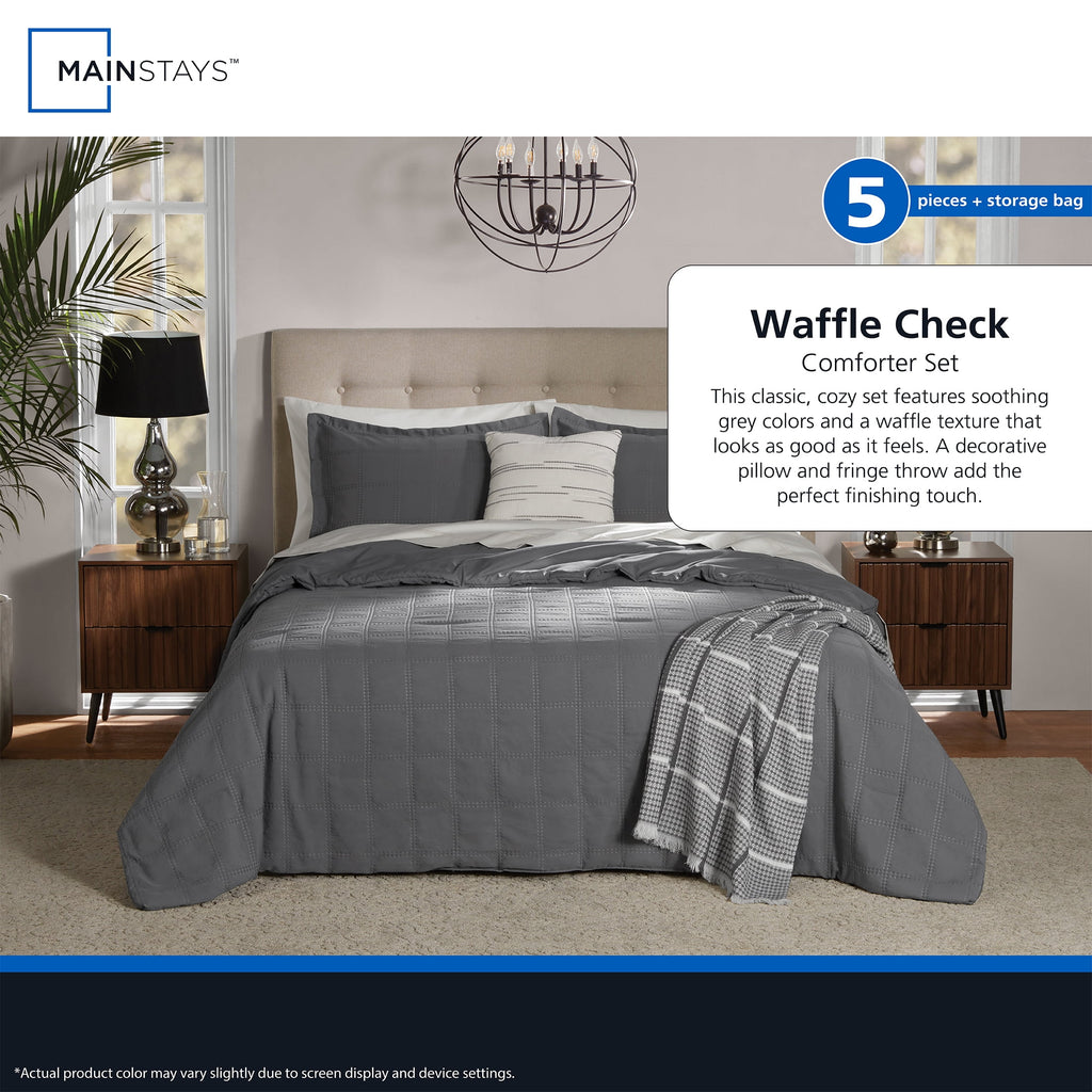 Full/Queen Comforter Set, All-Season, 5-Piece, Grey Waffle Check - Image 2
