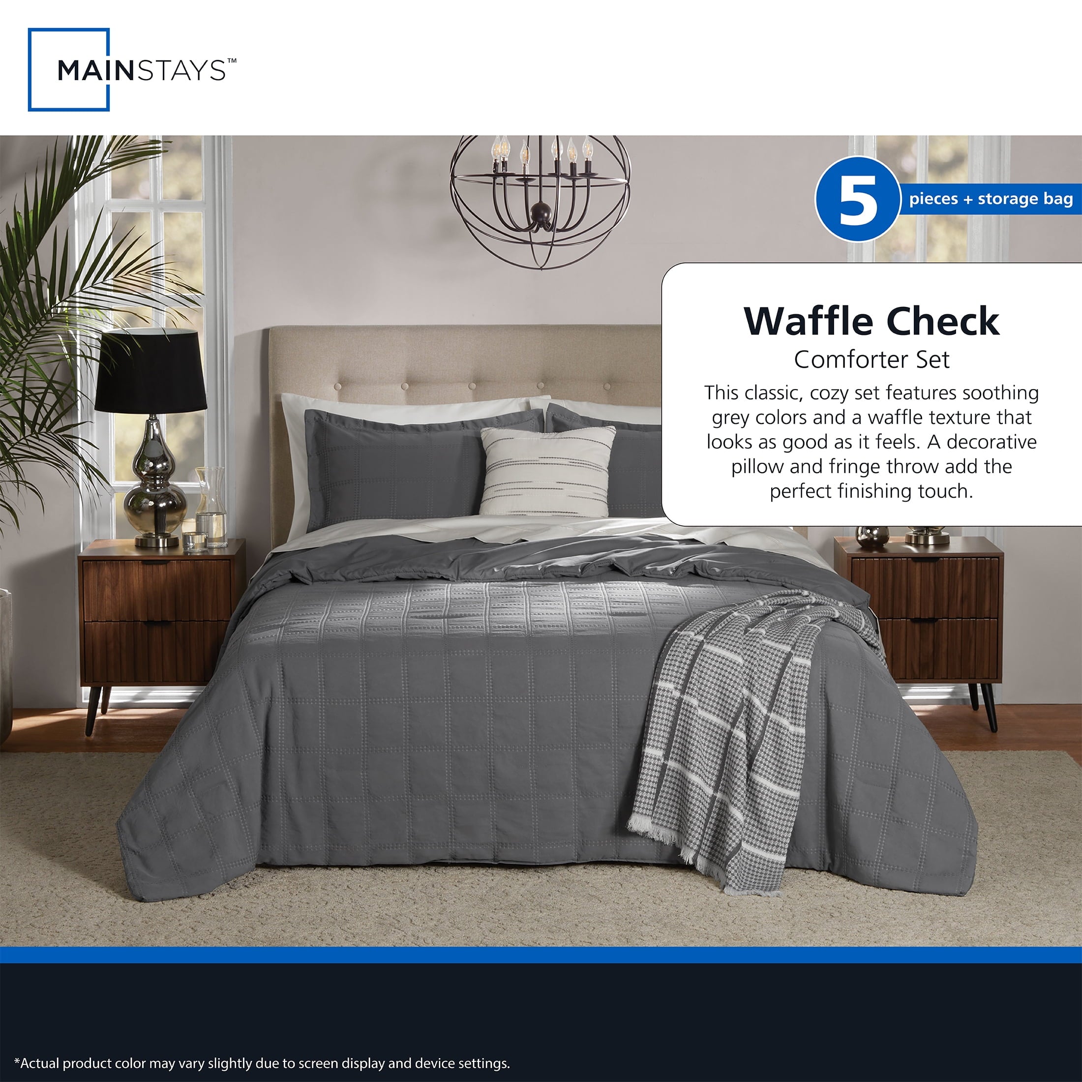 Full/Queen Comforter Set, All-Season, 5-Piece, Grey Waffle Check - Image 2