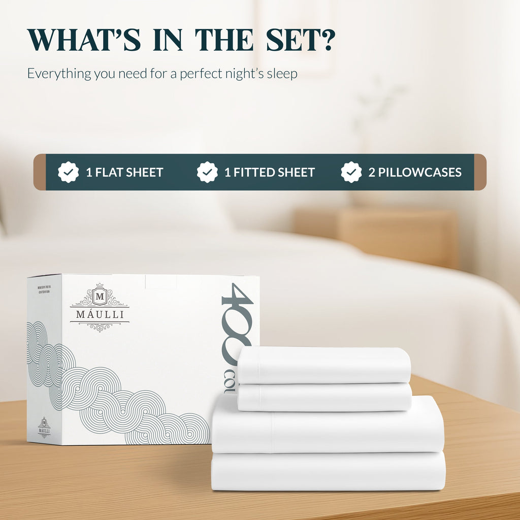 Máulli Collection 100% Cotton Sheets For Queen Size Bed - Luxury 400 Thread Count Queen Sheet Set, 4 Piece Sateen Weave Queen White Cotton S - Image 4