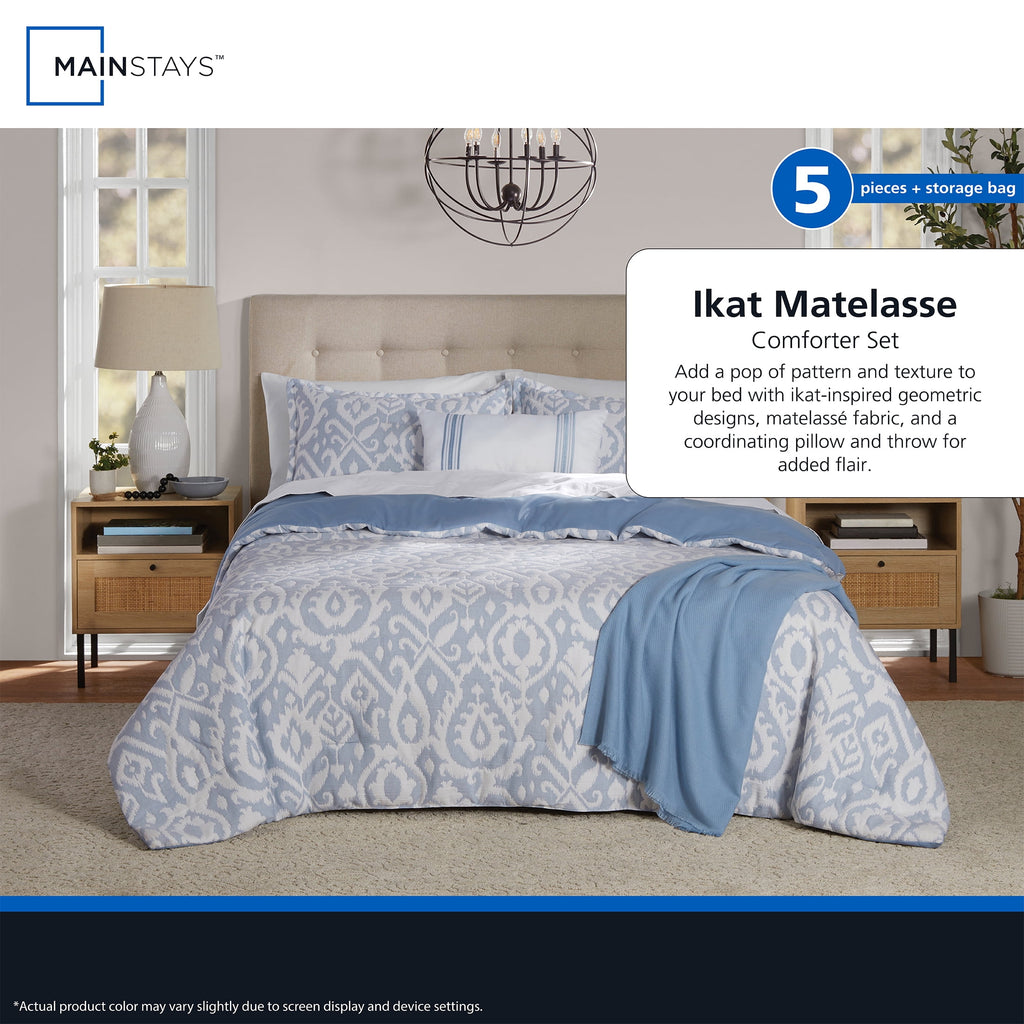 Mainstays Full/Queen Comforter Set, All-Season, 5-Piece, Blue Matelasse Ikat - Image 6