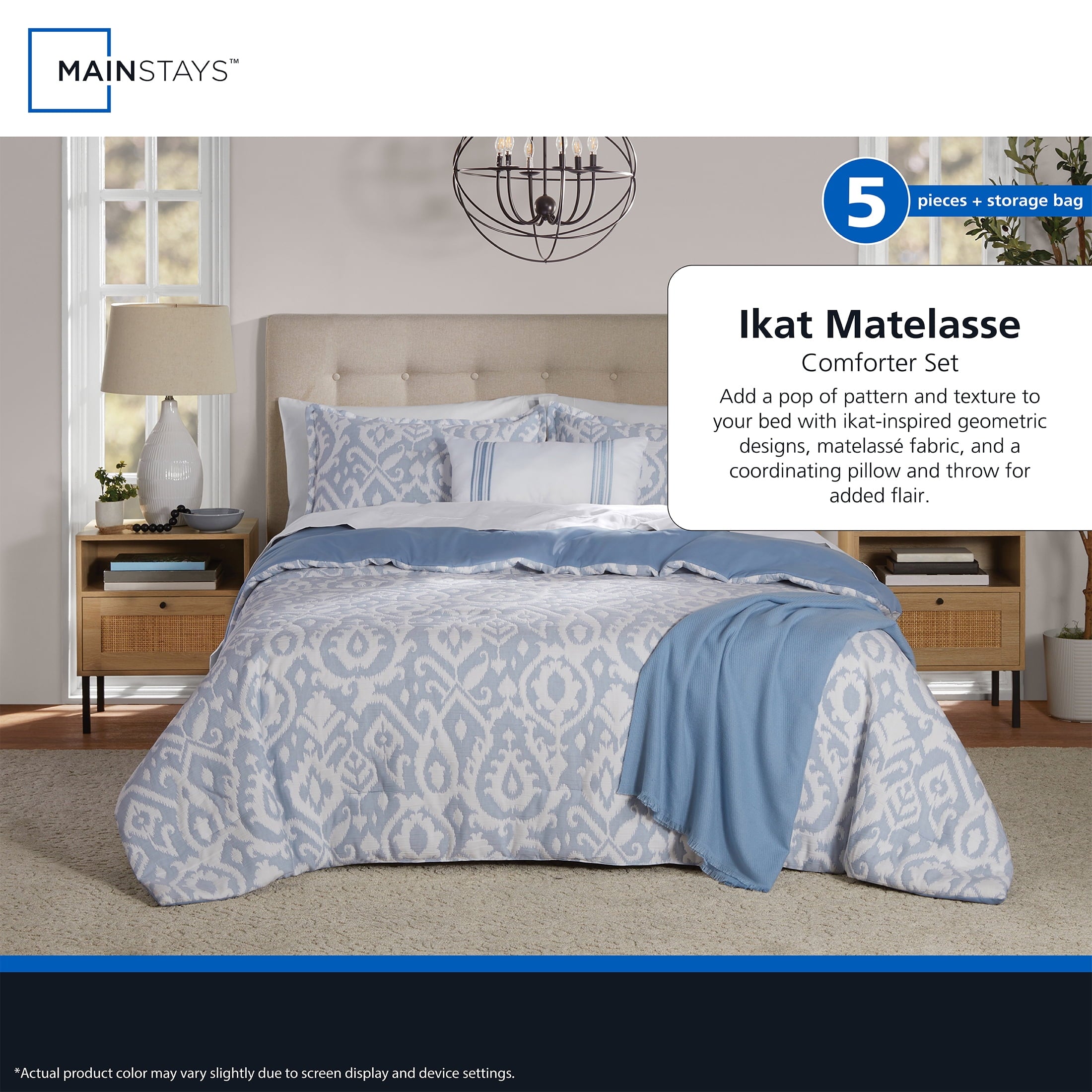 Mainstays Full/Queen Comforter Set, All-Season, 5-Piece, Blue Matelasse Ikat - Image 6