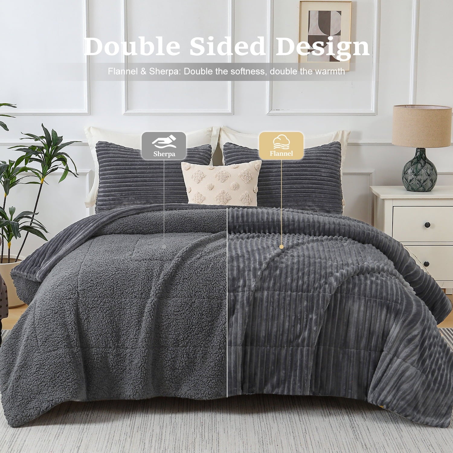 Jessy Home 3 Piece Fleece Queen Comforter Set - Soft & Warm Fluffy Dark Gray Sherpa Bedding , Fuzzy Heavy Double Sided Design Winter Comfort - Image 2