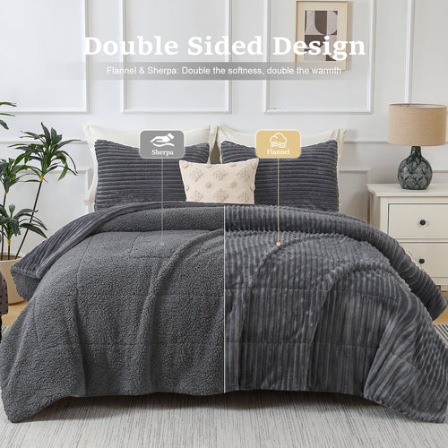 Jessy Home 3 Piece Fleece Queen Comforter Set - Soft & Warm Fluffy Dark Gray Sherpa Bedding , Fuzzy Heavy Double Sided Design Winter Comfort - Image 2