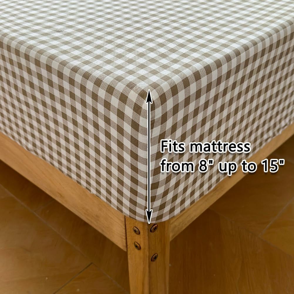 Tan Gingham Ruffle Queen Sheet Set, Taupe Soft Pre-Washed Microfiber Plaid Ruffled Queen Bed Sheets, 4-Pieces Farmhouse Sheet Set with Deep - Image 6
