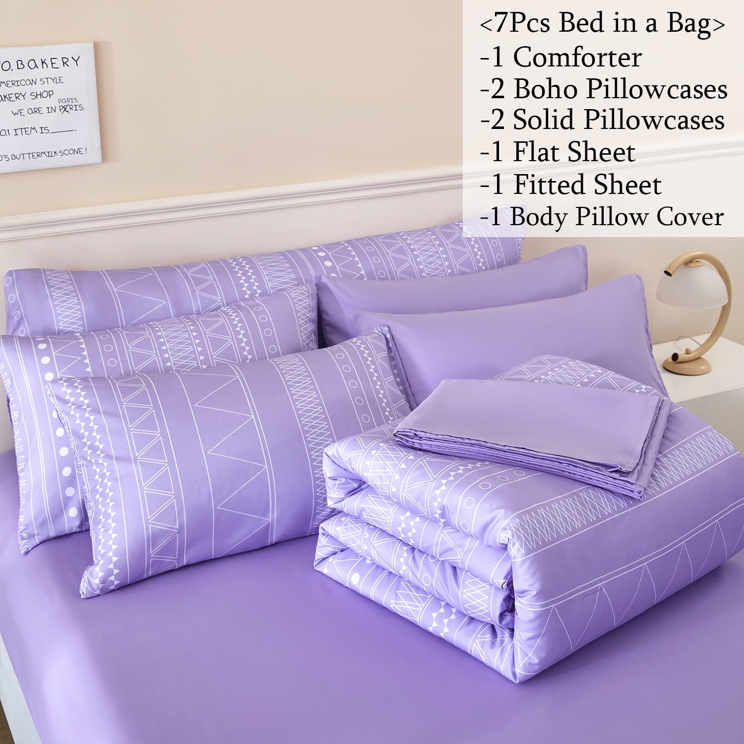 RYNGHIPY 8-Pieces Boho Bedding Set Full Lavender Striped Bed in a Bag for Girls Women Soft Fluffy Purple Comforter Set with Sheet for All Se - Image 2