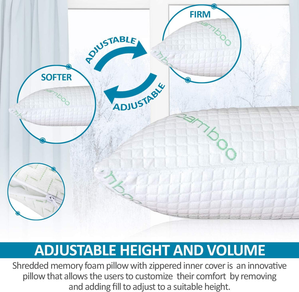Queen Size Bamboo Pillow, Memory Foam Bed Pillows with Washable Pillowcases, Queen - Image 4