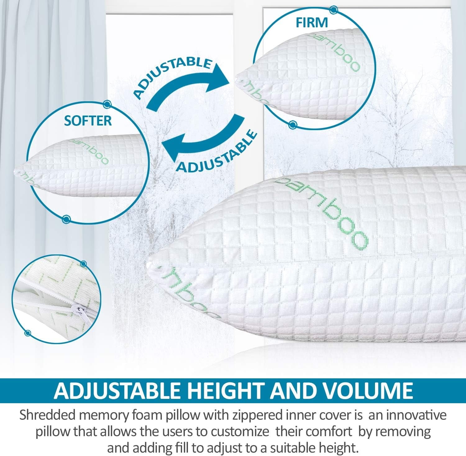 Queen Size Bamboo Pillow, Memory Foam Bed Pillows with Washable Pillowcases, Queen - Image 4