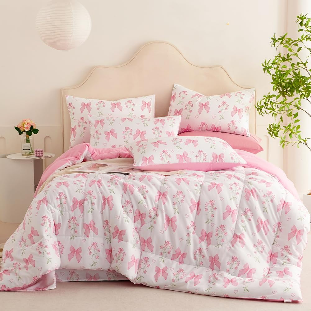 JOLUSERE Pink Bowknot Girls Comforter Set Twin Size, 3 Pieces Bows Princess Style Bedding Set for Girls for All Season - Image 4