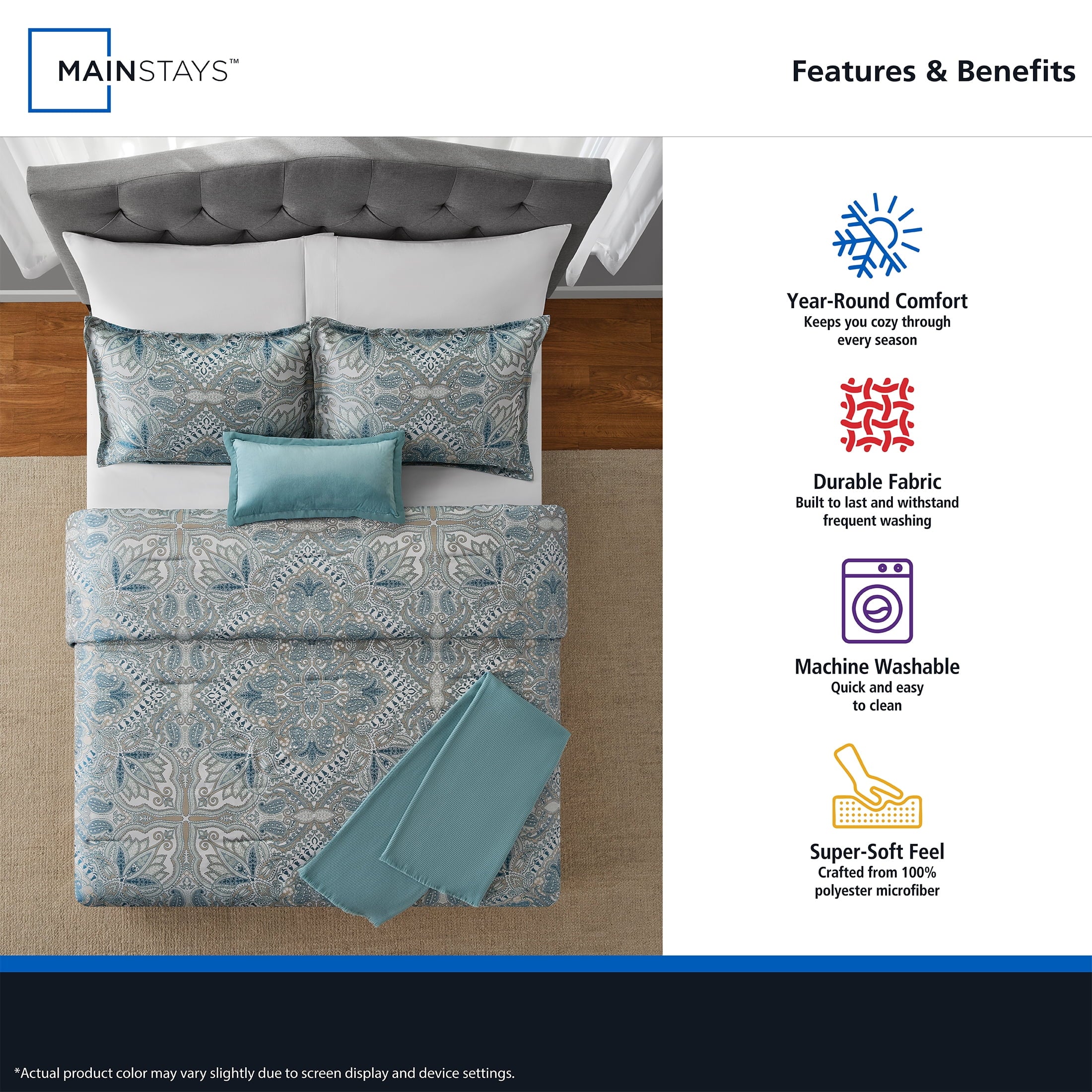 Full/Queen Comforter Set, All-Season, 5-Piece, Teal Jacquard Medallion - Image 4