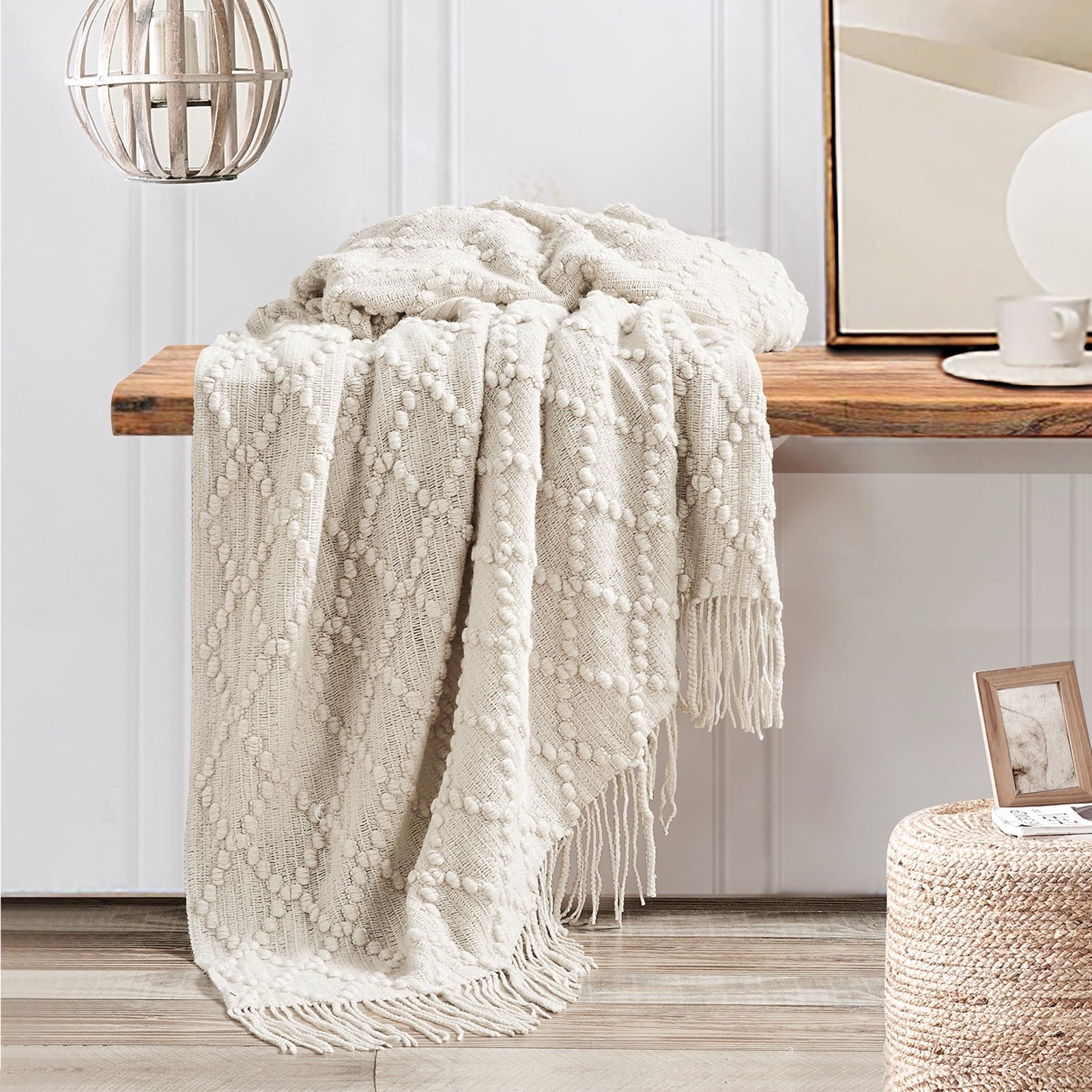 Texture Pure Color Soft Throw Blanket and Sofa Or Bed Knitted Decorative Blanket 50 x70 inches Jacquard Diamond Beige... - Image 5