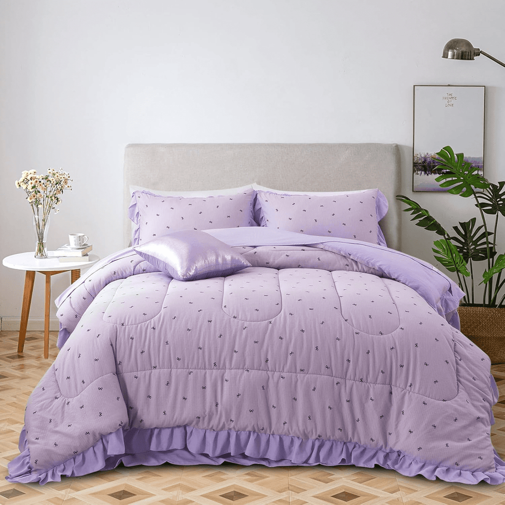 6 Piece Delicate Bows Purple Bedding Set Ruffle Princess Style Comforter Set Bed in a Bag - Image 6