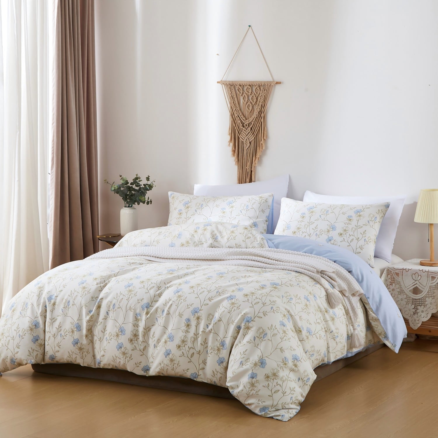 Cotton Comforter Sets Queen Size, 3 Pieces Botanical Blue Floral Reversible Bedding Sets for Adults All Season - Image 5