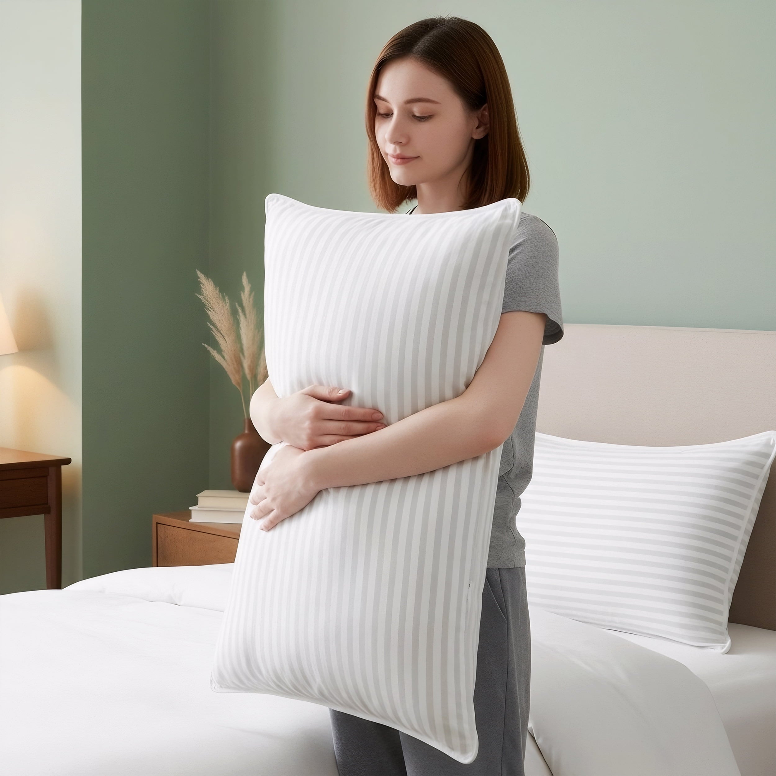 Bed Pillow with White Stripes - Set of 2 - Ultra Cozy & Relaxing For Adults, (Queen, 28"L x 20" W) - Image 5