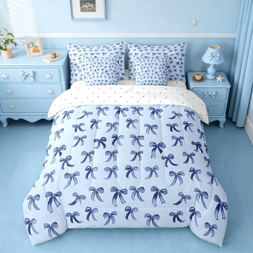 Cute Bowknot Twin Bedding Sets 7-Piece,Girls Ribbon Bow Bedding Comforter Set,Dreamy Blue Sheet Sets For Girls,Super ... - Image 2