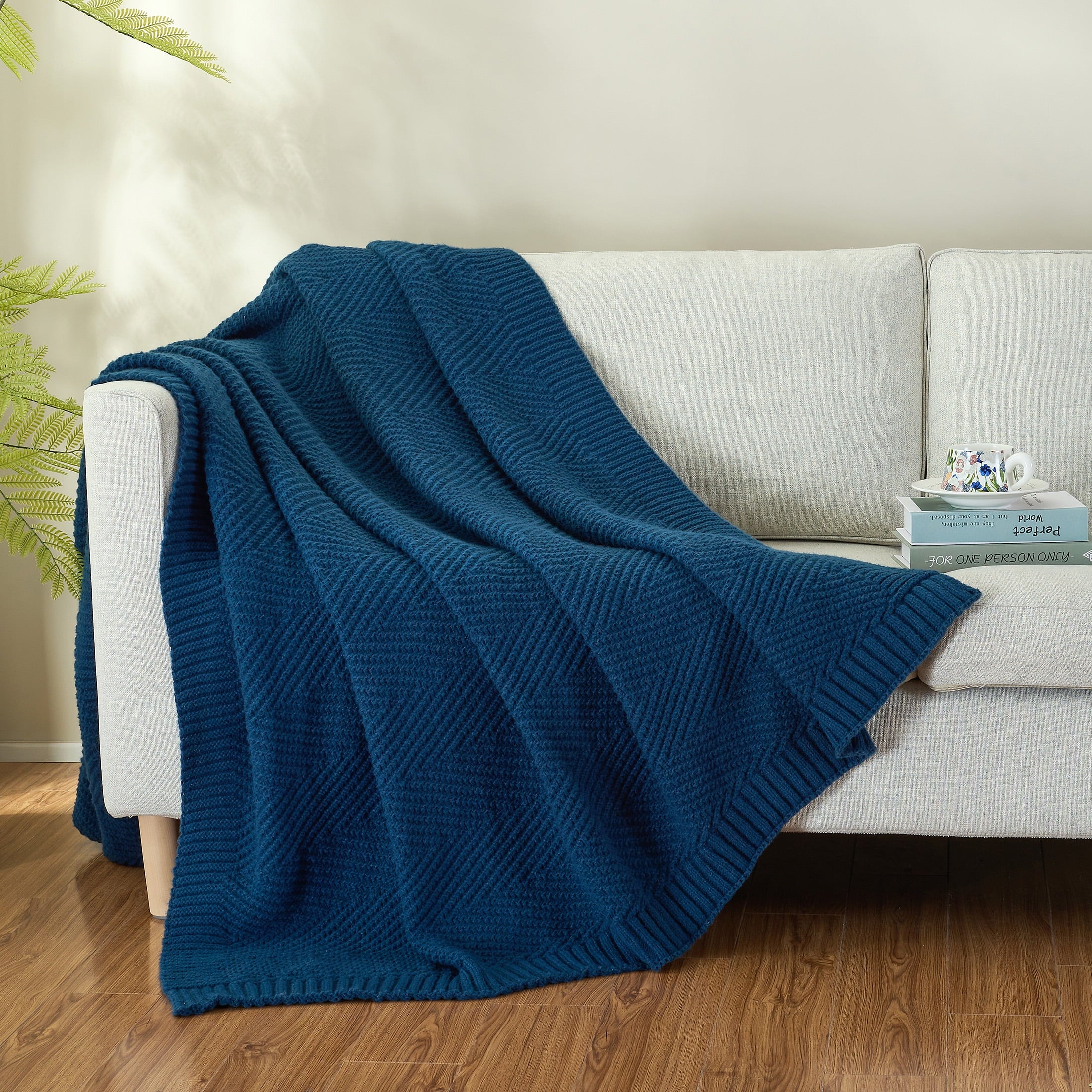 Soft Knitted Throw Blanket 50" x 60" Navy Blue, Boho Chevron Farmhouse Throw for Bed Couch - Image 3