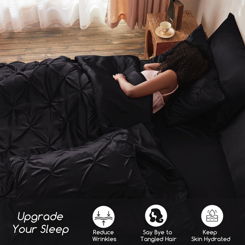 Satin Comforter Set 7 Pieces Queen Size - Luxurious Pinch Pleat Bed in a Bag with Satin Comforter, Satin Sheets, Sati... - Image 3