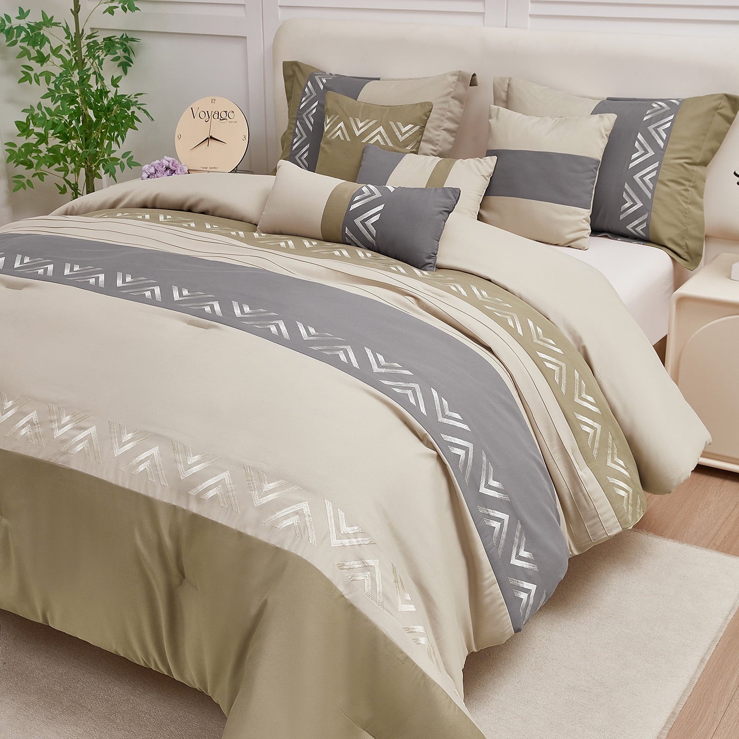 7 Piece Embroidery Design Bed-in-a-Bag, Taupe Queen Size Ultra Soft Comforter Set for Adults - Image 6