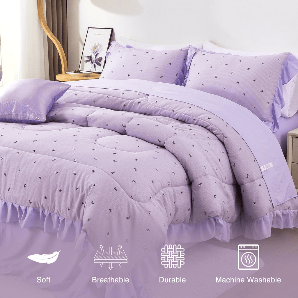 6 Piece Delicate Bows Purple Bedding Set Ruffle Princess Style Comforter Set Bed in a Bag - Image 4
