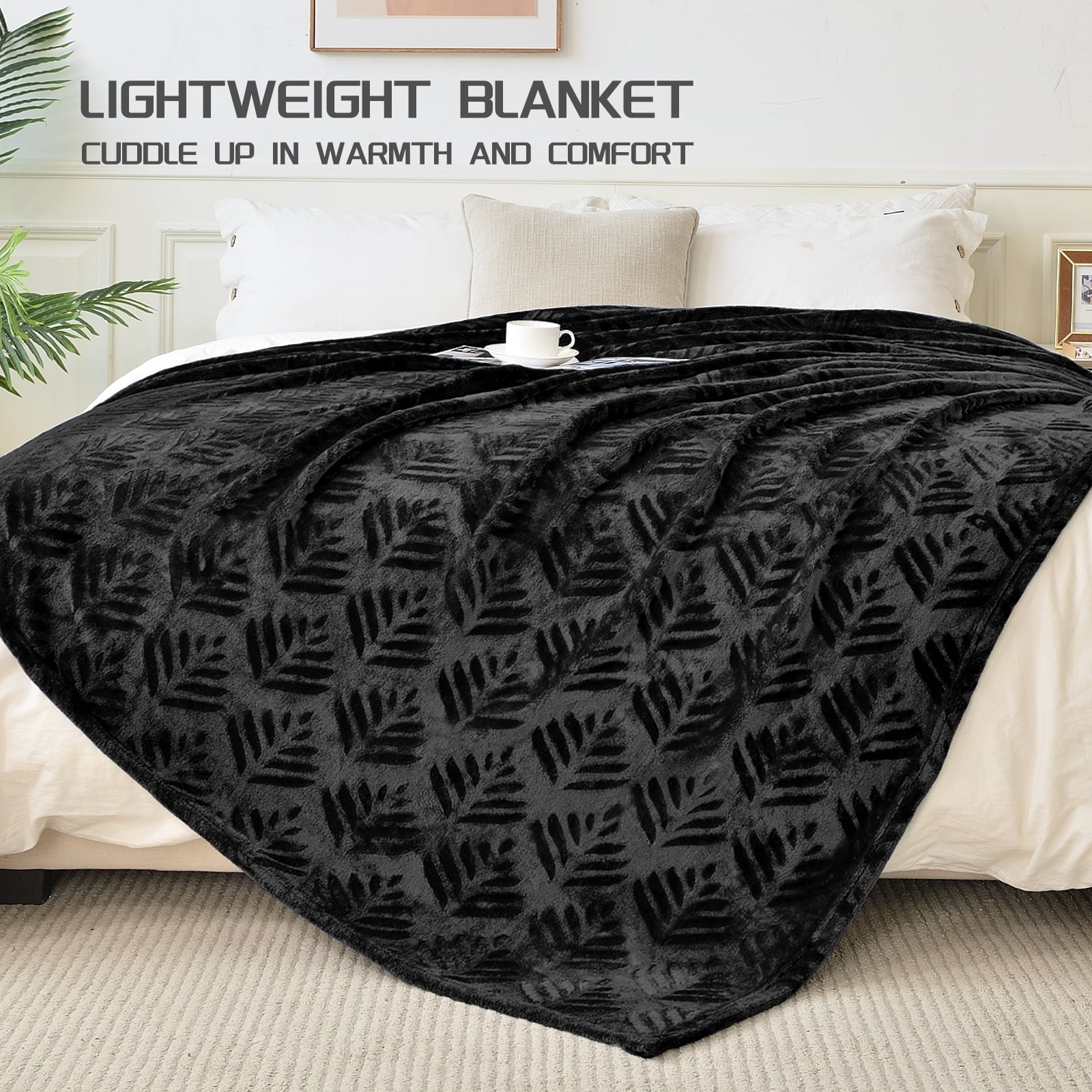 Fleece Throw Blanket for Couch, Leaves Pattern Super Soft and Cozy Blankets, Plush Fuzzy Lightweight, Black, 50"x60" - Image 3