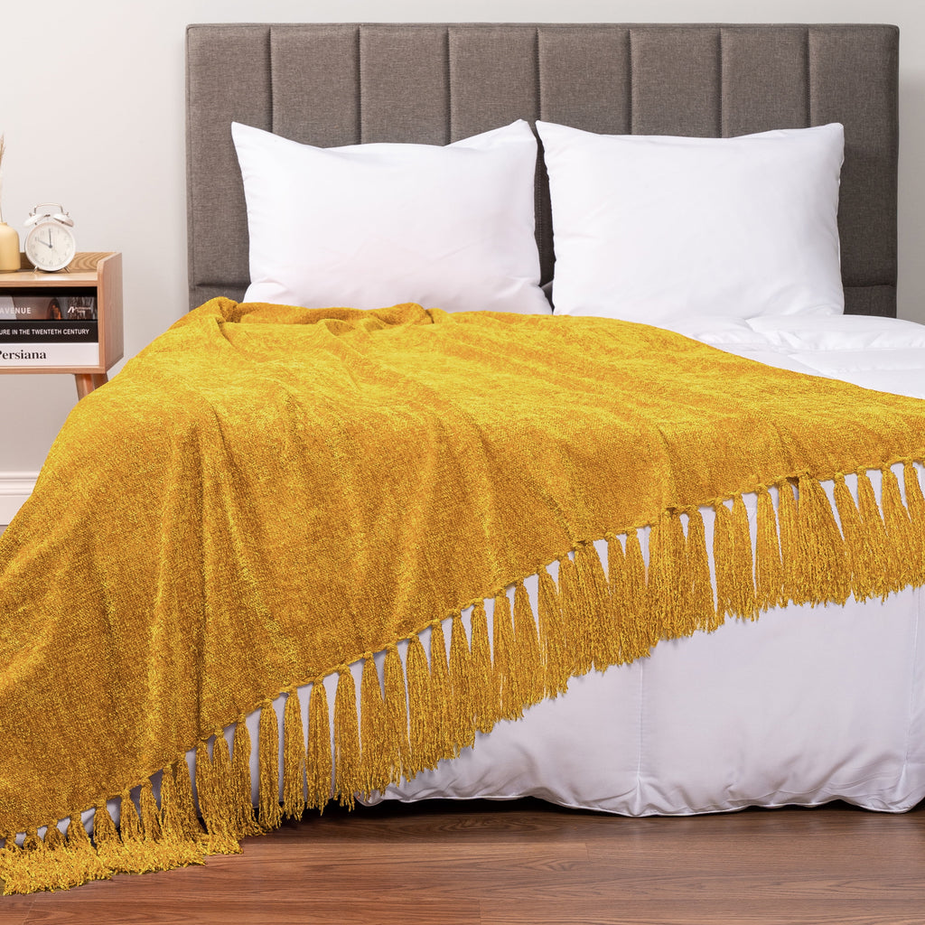PAVILIA Mustard Yellow Chenille Throw Blanket for Couch, Soft Gold Knit Blanket with Tassel Fringe, Woven Chenille Knitted Decorative Blanke - Image 4