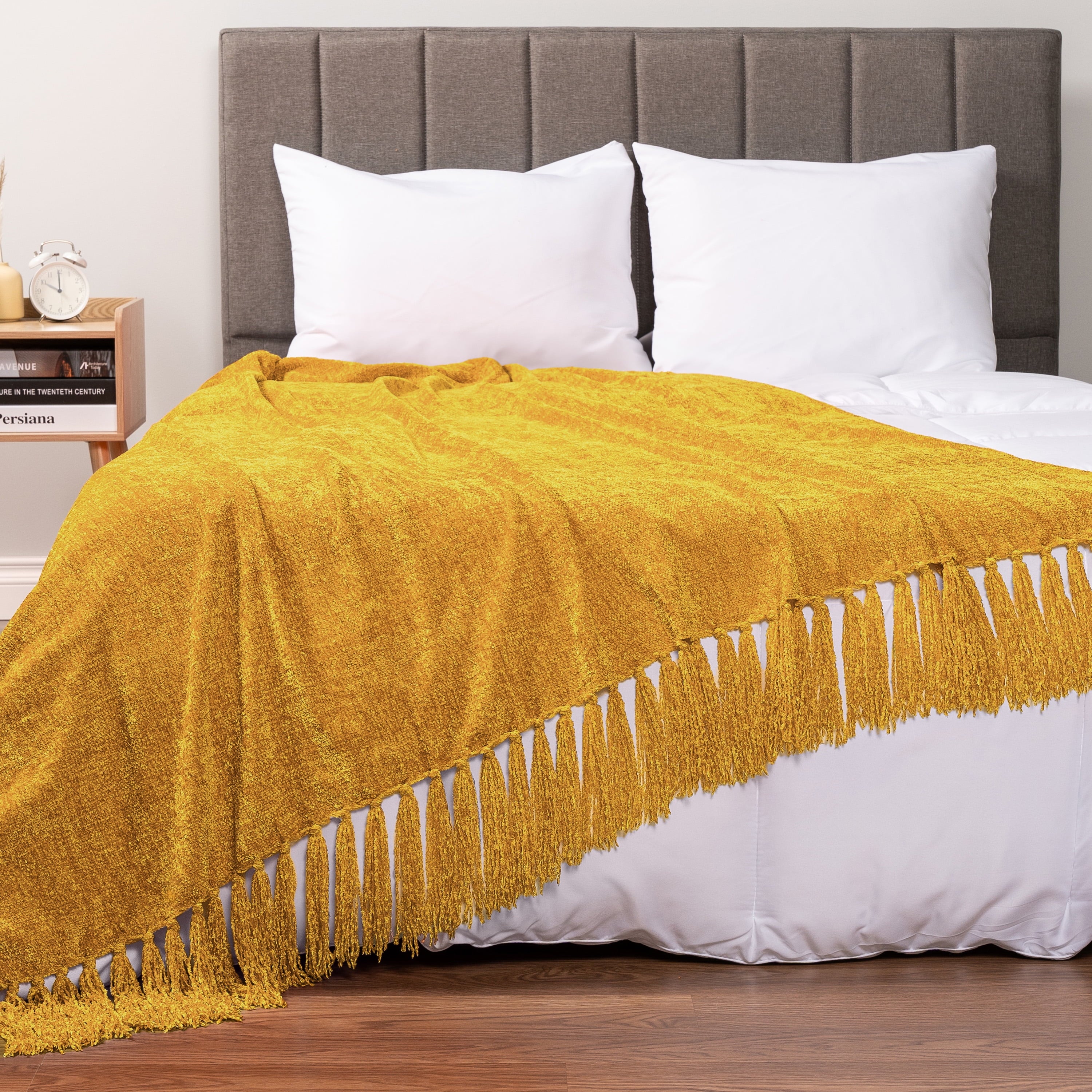 PAVILIA Mustard Yellow Chenille Throw Blanket for Couch, Soft Gold Knit Blanket with Tassel Fringe, Woven Chenille Knitted Decorative Blanke - Image 4