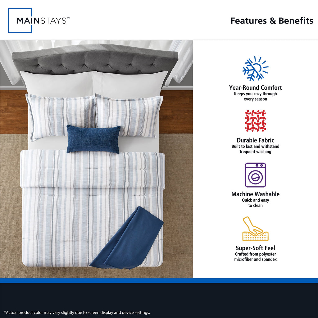 Mainstays Full/Queen Comforter Set, All-Season, 5-Piece, Blue Yarn Dyed Stripe - Image 4