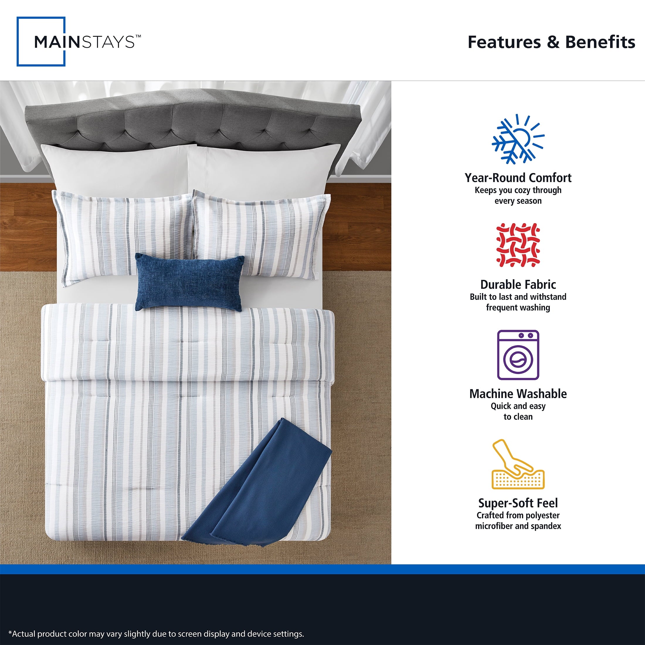 Mainstays Full/Queen Comforter Set, All-Season, 5-Piece, Blue Yarn Dyed Stripe - Image 4