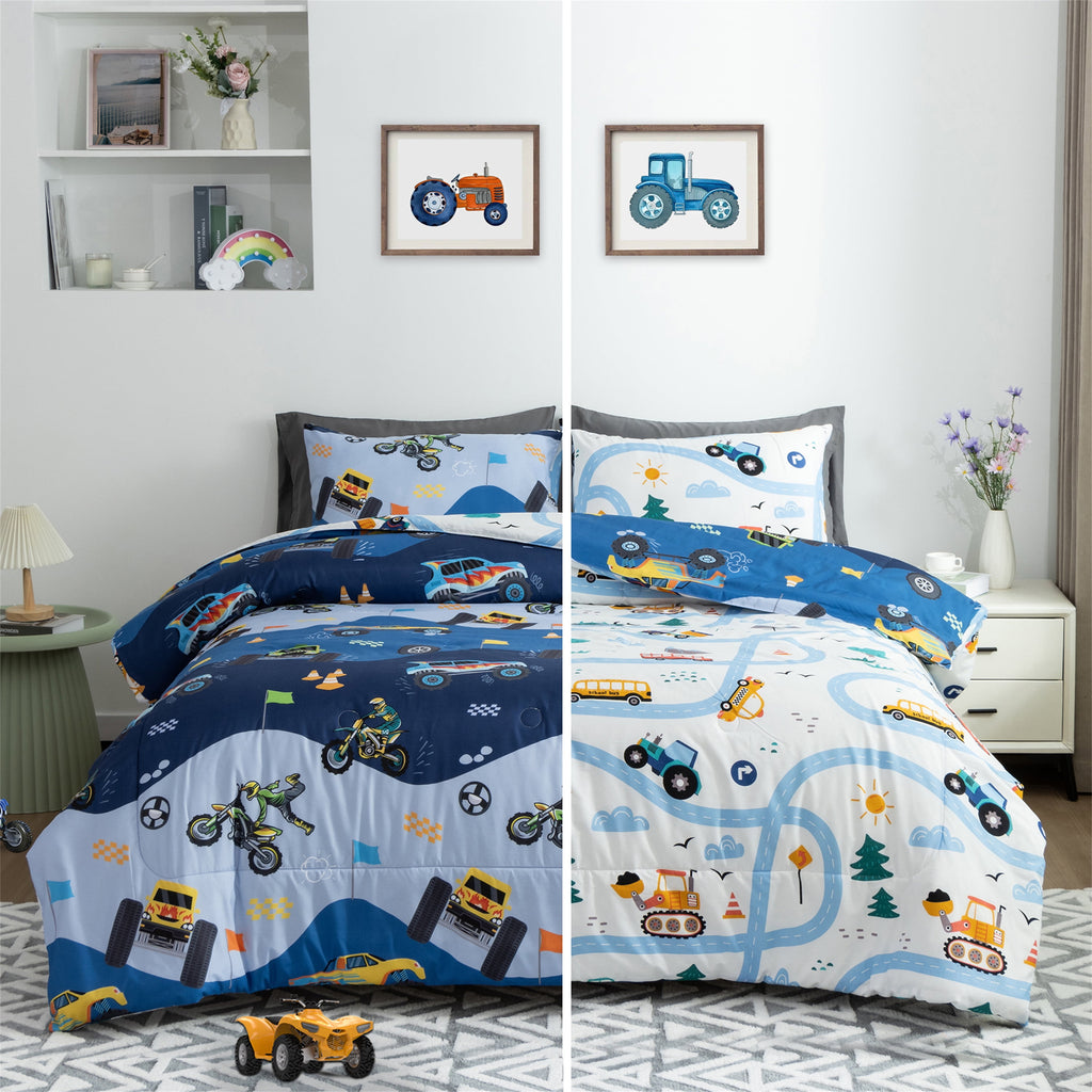 Btargot 3Pcs Reversible Construction Truck Twin Comforter Set for Boys Kids Excavator Vehicle Motorcycle Bedding Set Blue - Image 4