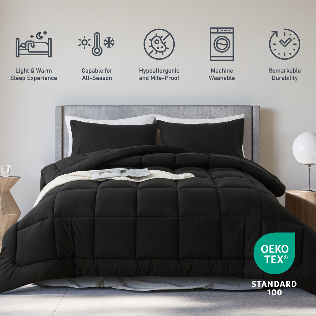 Queen Size 3-Piece All-Season Down Alternative Comforter Set Deep Black (Comforter and Pillowcase Bedding Set / bed i... - Image 3