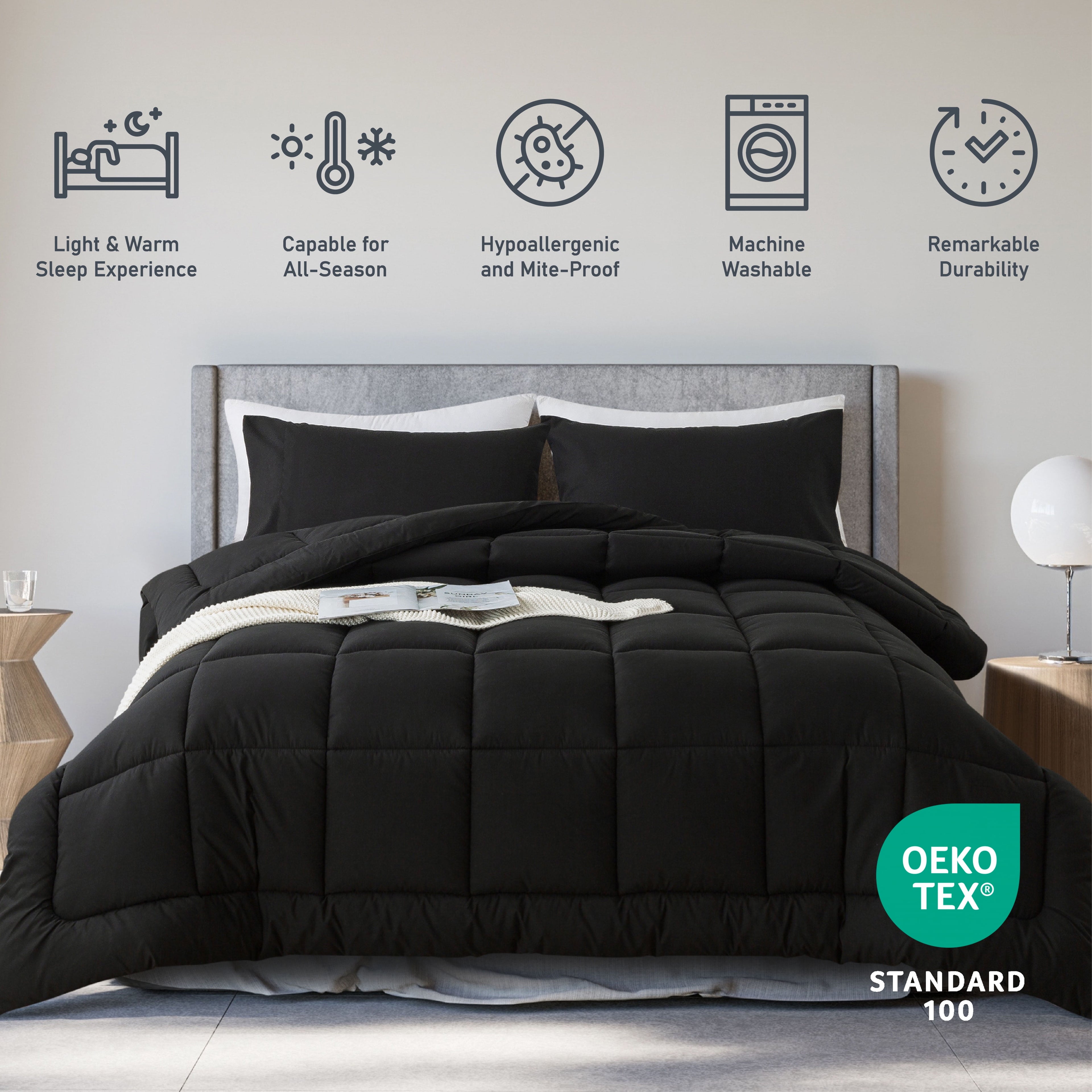 Queen Size 3-Piece All-Season Down Alternative Comforter Set Deep Black (Comforter and Pillowcase Bedding Set / bed i... - Image 3