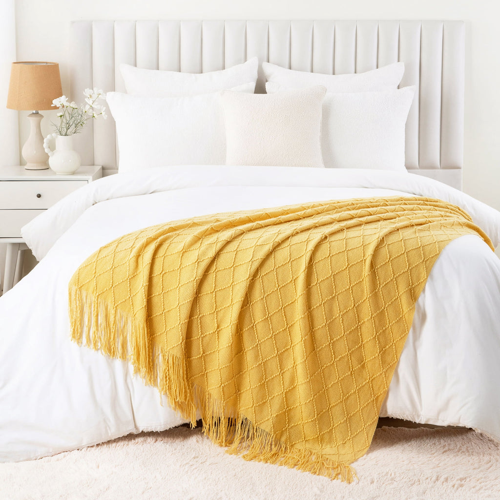 Mustard Throw Blanket for Couch,Gold Yellow Knit Throw with Fringe,Outdoor Throw ,50"x60" - Image 6