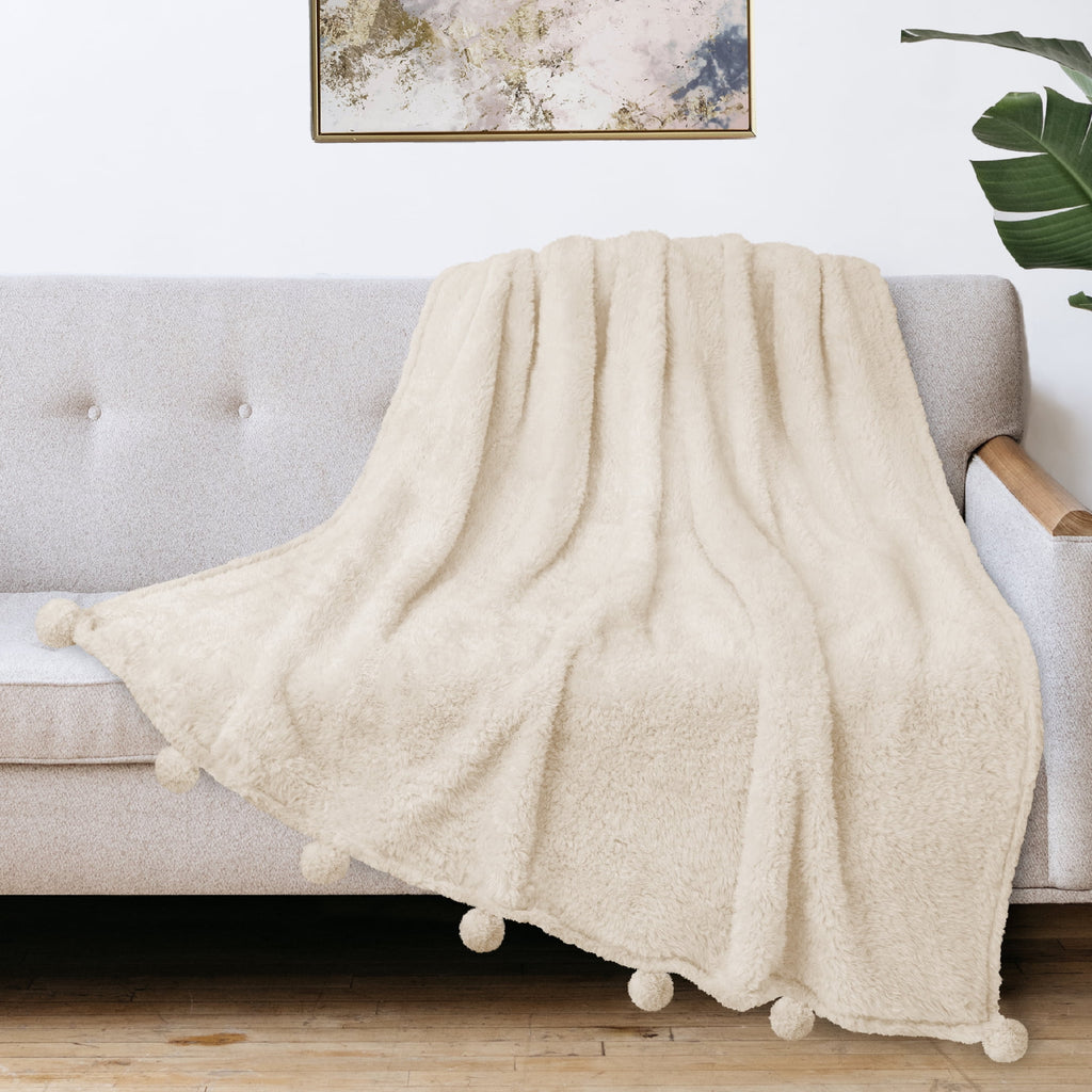 Ivory Cream Sherpa Throw Blanket with Soft Pom Pom Fringe, Plush Cozy Warm Blankets for Couch Bed Sofa, Fuzzy Fleece ... - Image 3