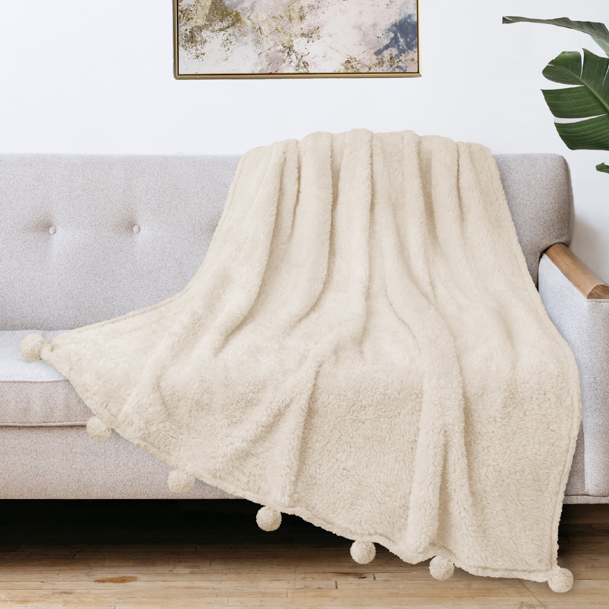 Ivory Cream Sherpa Throw Blanket with Soft Pom Pom Fringe, Plush Cozy Warm Blankets for Couch Bed Sofa, Fuzzy Fleece ... - Image 3