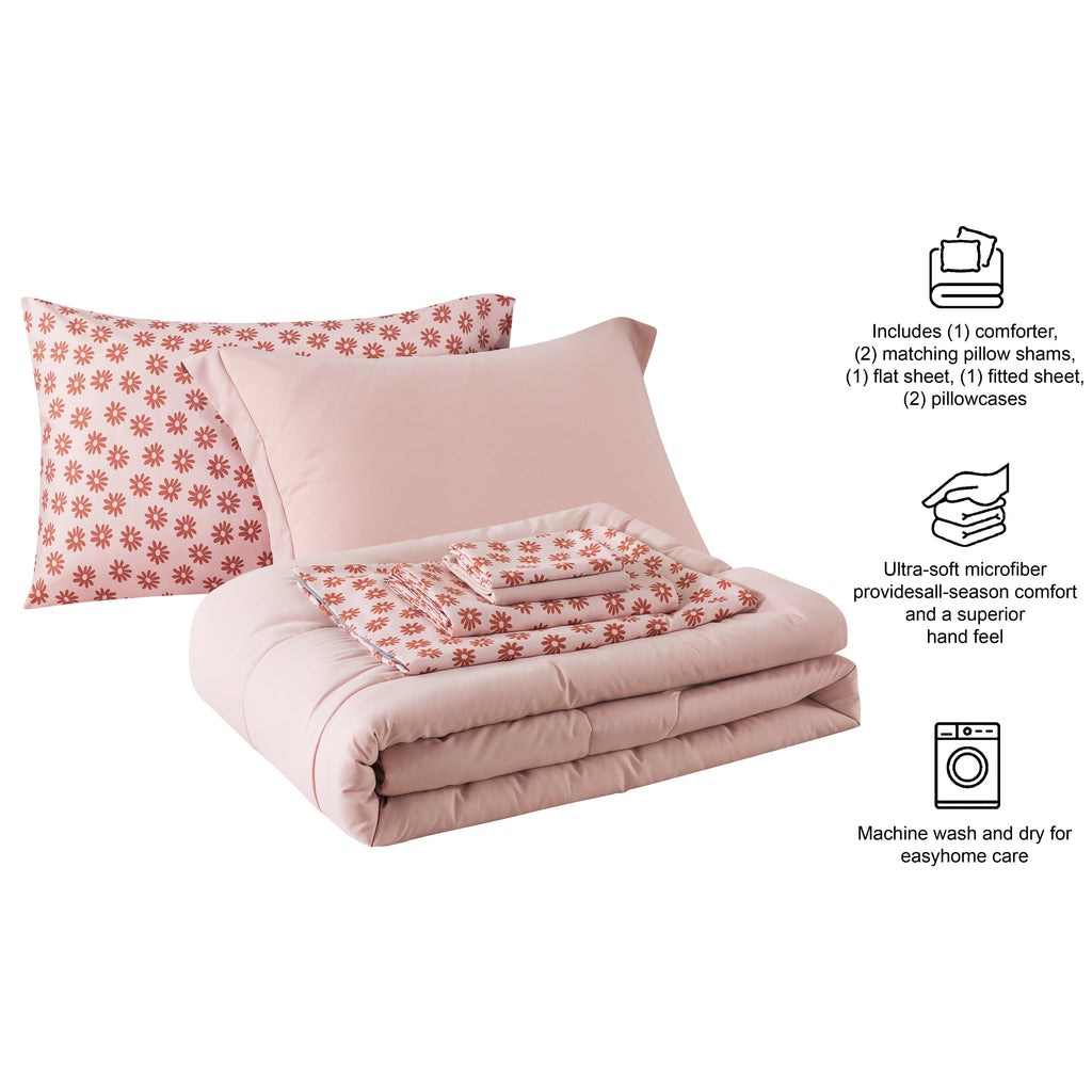 7-Piece Reversible Bed in a Bag Comforter Set with Sheets, Pink, Queen - Image 3