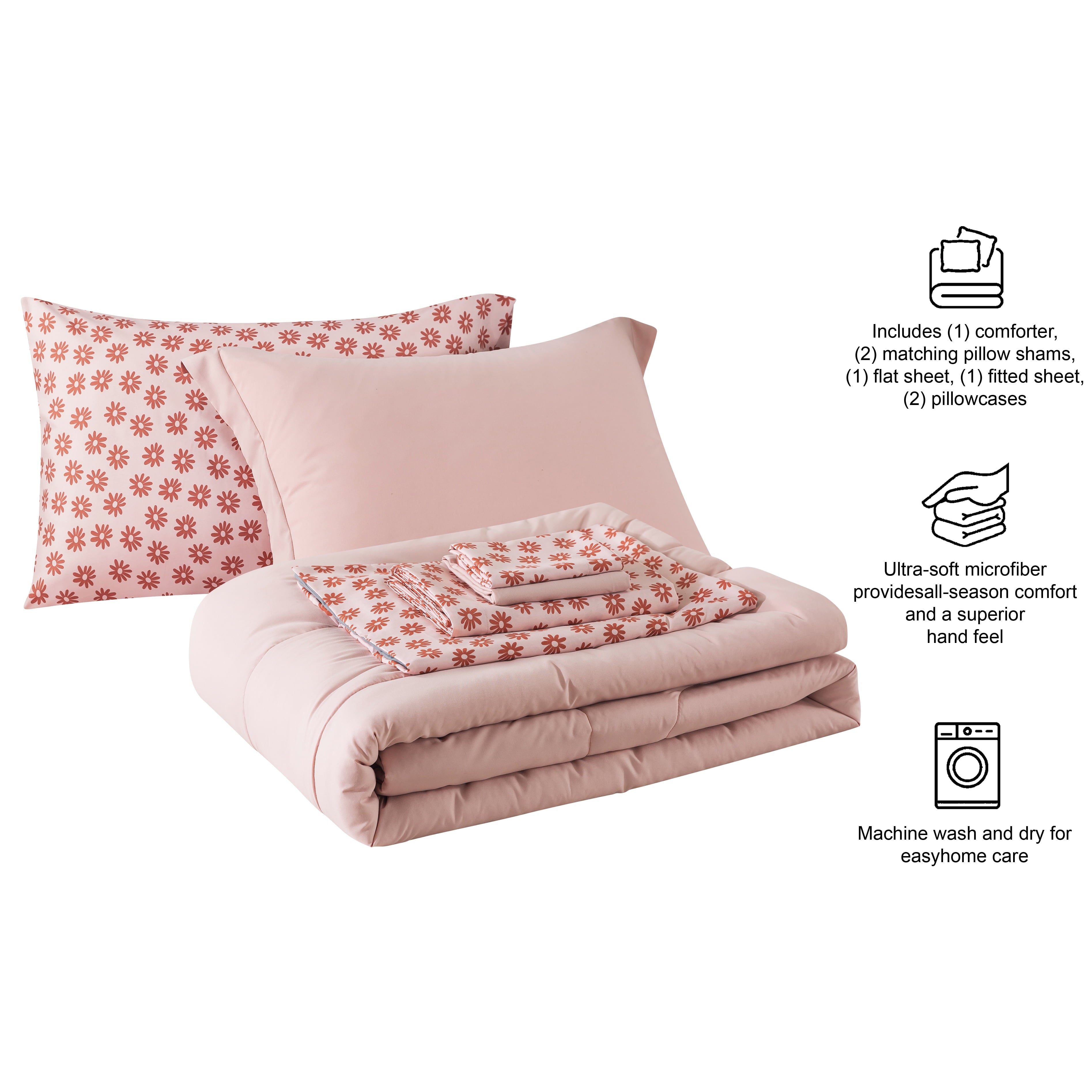 7-Piece Reversible Bed in a Bag Comforter Set with Sheets, Pink, Queen - Image 3