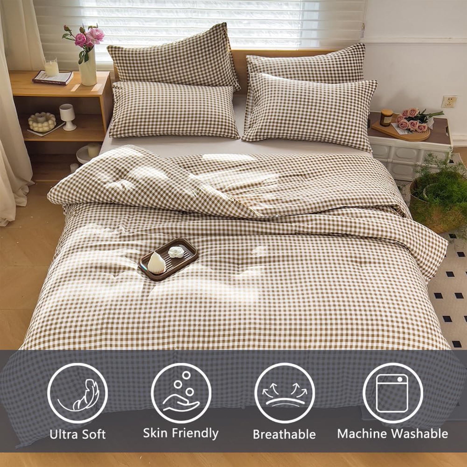 Tan Gingham Queen Comforter Set, Taupe Plaid Bedding Set, Checked Bed Comforter 3 Pieces(Tan Gingham, Queen) - Image 6
