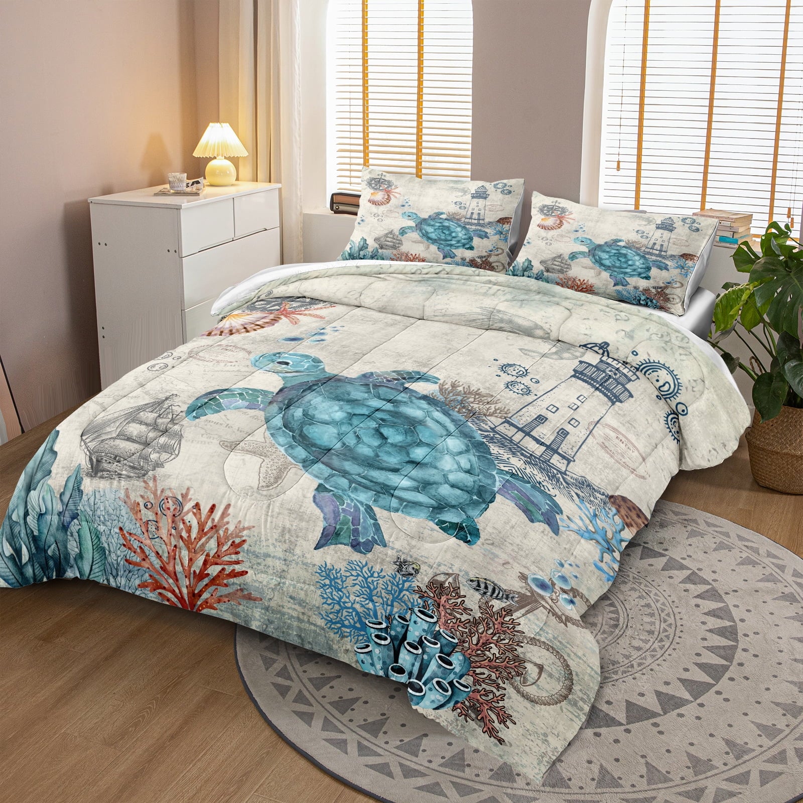Move Over Sea Turtle Comforter Set Queen Ocean Beach Bedding Set Soft and Lightweight Retro Style Design Coastal Bedding Set - Image 4