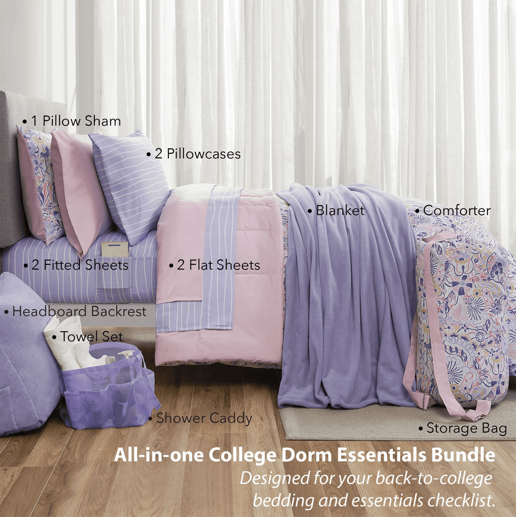 14pc College Dorm Essentials Bundle, Twin-XL, Reversible Bed in a Bag Comforter Set, Purple Floral - Image 4