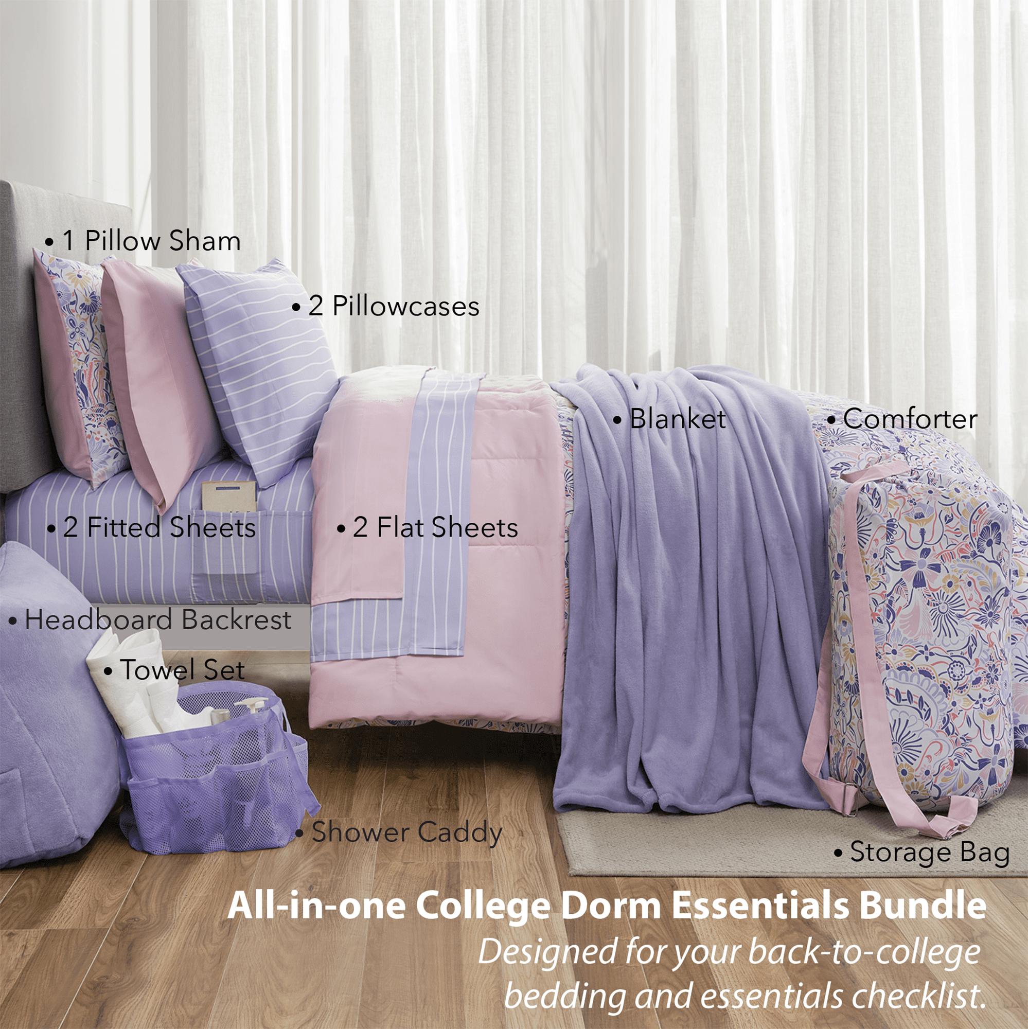 14pc College Dorm Essentials Bundle, Twin-XL, Reversible Bed in a Bag Comforter Set, Purple Floral - Image 4