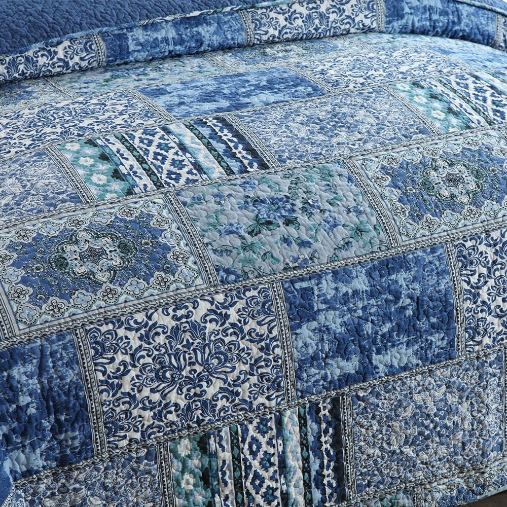 WannaToo Quilt Comforter Cotton Bedding Set With Shams, Vintage Blue, King - Image 3