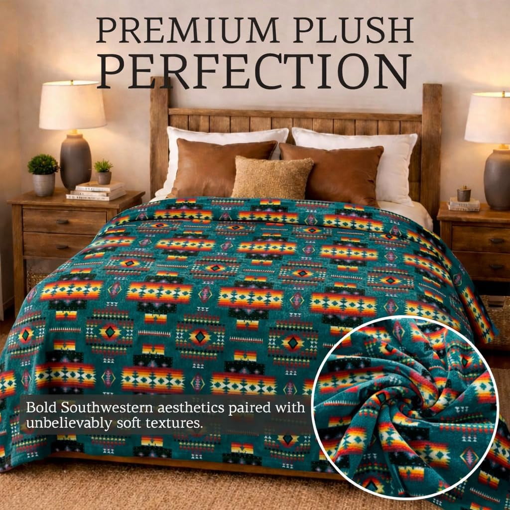 Sacred Thread Fleece Blanket South Western, Reversible Mexican, Vibrant Aztec Blankets and Throws for Aztec Decor for Home (Lake Flannel / F - Image 4