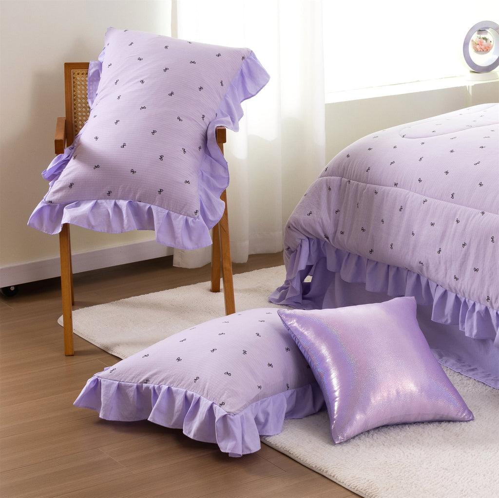 6 Piece Delicate Bows Purple Bedding Set Ruffle Princess Style Comforter Set Bed in a Bag - Image 3