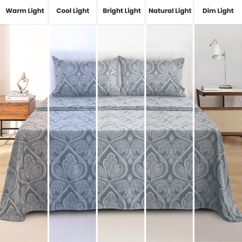 Lux Decor 4 Piece Queen Sheet Set, Brushed Microfiber Paisley Printed Bed Sheet Set with up to 16" Deep Pocket Fitted Sheet, Flat Sheet & 2 - Image 3