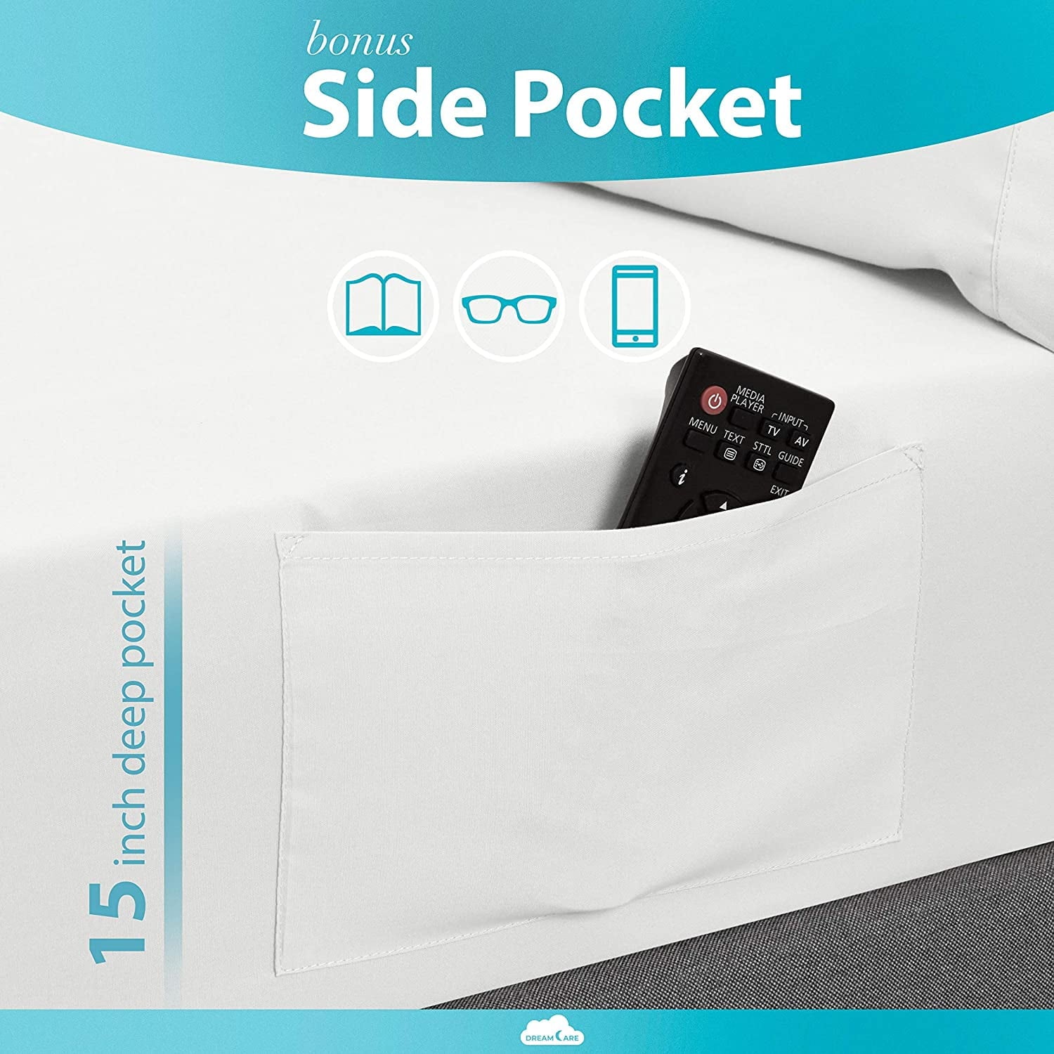 Bed Sheets Set - Queen Size Sheet with Side Pocket - 4pcs Set, 15 inches, White - Image 5