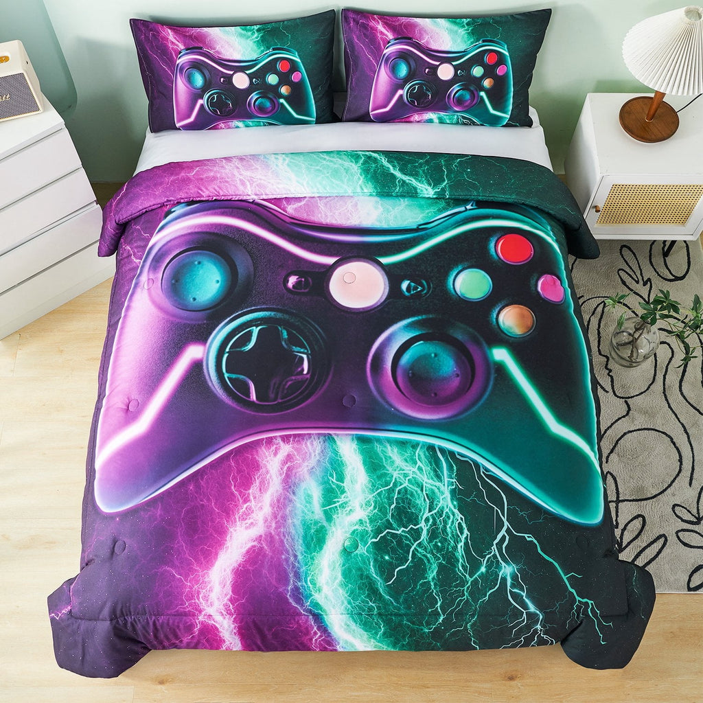 PERFEMET Queen Size Gaming Comforter Set for Boys,3-Piece 3D Green Purple Lightning Game Controller Bedding Set for Kids Teens - Image 5