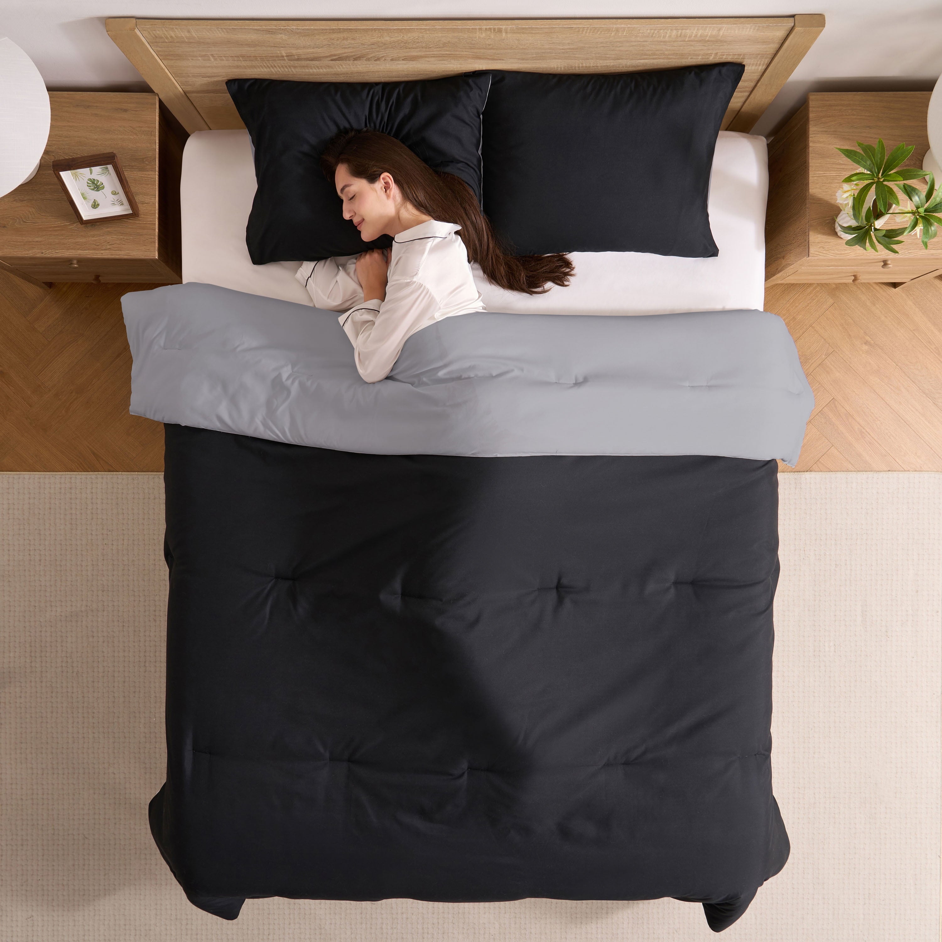 Comforter Sets, All Season Lightweight Reversible Queen Comforter Set, 3-Pc Bedding Sets, Black/Charcoal gray - Image 5