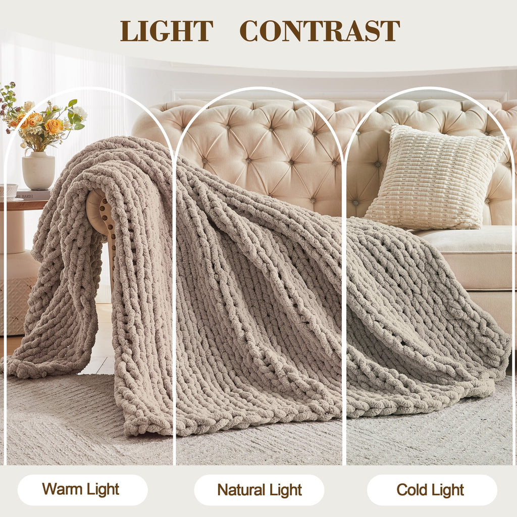 Carriediosa Chunky Knit Throw Blanket Handmade Soft Throws for Couch Sofa Bed, 50" x 60" Taupe - Image 6