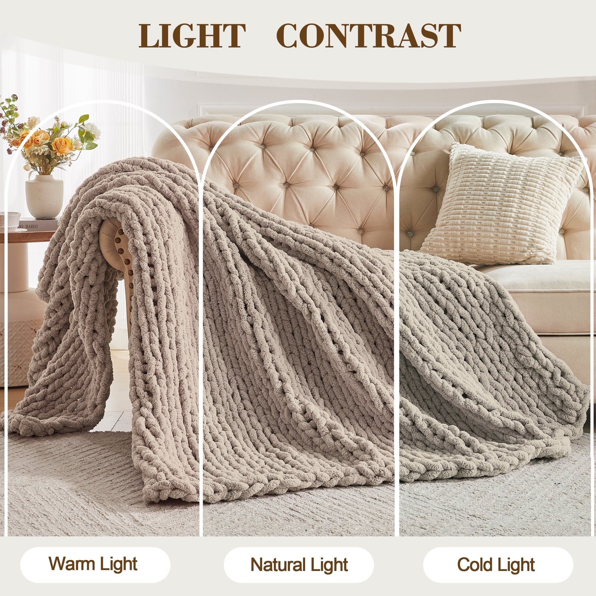 Carriediosa Chunky Knit Throw Blanket Handmade Soft Throws for Couch Sofa Bed, 50" x 60" Taupe - Image 6